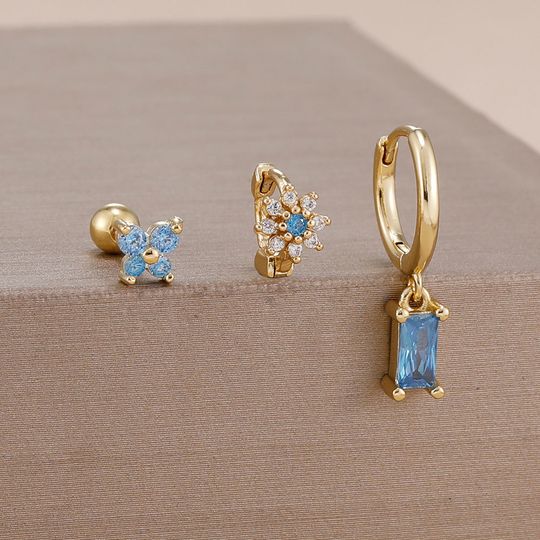 Discover 3PCS 14K Gold Plated Zircon Square Hoop Earrings Set 12 Constellation Stainless Steel Butterfly Stud Earring Piercing Jewelry