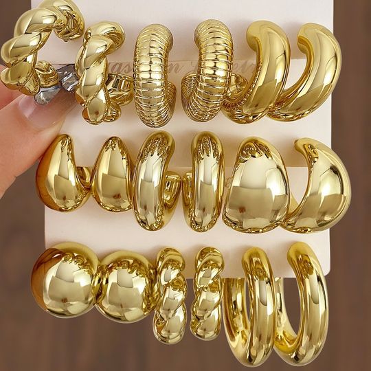 Discover LATS 6pcs/set Chunky Gold Plated Vintage Minimalist Smooth Circle Hoop Earring Set for Women Bohemia Fashion Jewelry Gifts
