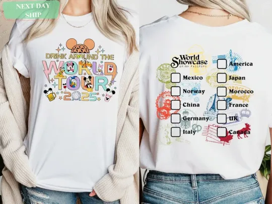 Discover Epcot World Tour 2025,2026 T-Shirt: Mickey and Friends Drinking Team