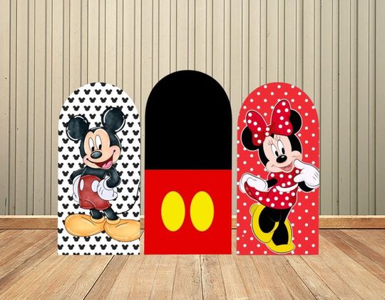 Discover Cartoon Mickey Mouse Arched Cover Backdrop for Kids Birthday Party Decoration Red Dots Minnie Mouse Arch Wall Background