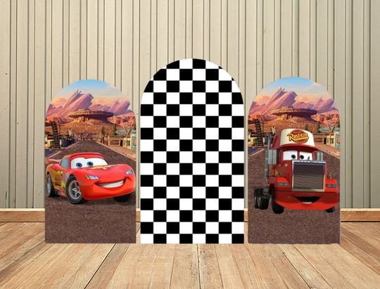 Discover Black Checker Cars Double-Sided Arch Cover Backdrop Wall for Kids Baby Shower Birthday Party Background Wall Decoration Supplies