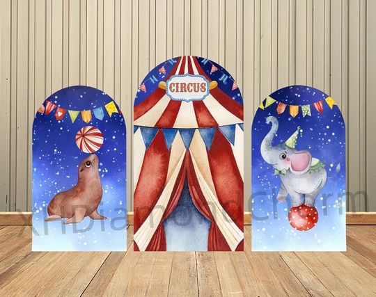 Discover Double-Sided Arch Cover Backdrop Happy Birthday Circus Elephant Seal Decoration Backdrop Cake Arch Wall Kids Birthday Party Photo Banner
