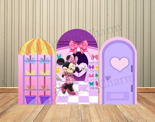 Discover Disney Cartoon Minnie Birthday Arch Backdrop Wall for Pink Bow Knot Rainbow Kid Baby Shower Birthday Party Backdrop Wall Decoration Supplies