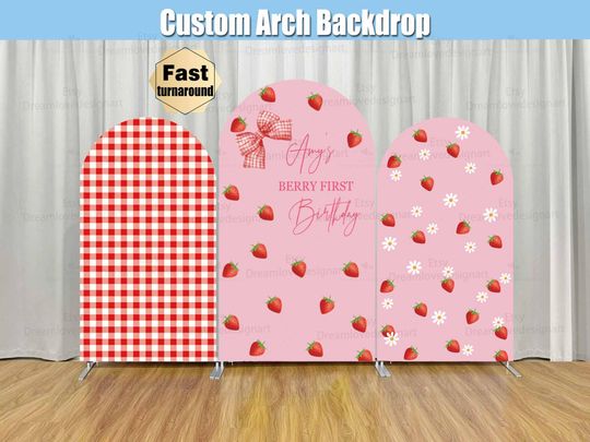 Strawberry Arched Backdrop Cover for Baby Girl 1st Birthday Party Decor