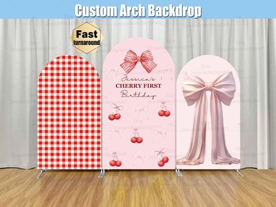 Cherry Red Plaids Arched Backdrop Cover for Baby Girl 1st Birthday and Baby Shower