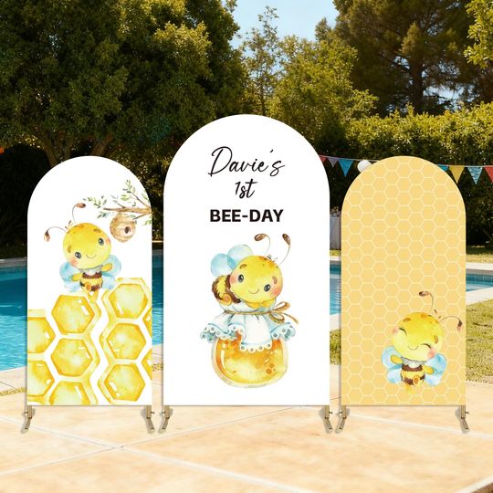 Personalized 1st Bee Day Backdrop Arch Cove - Watercolor Bumble Bee & Honeycomb Honey Jar Baby First Birthday Party Decorations