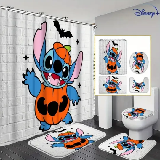 Discover Cute Stitch Halloween Pumpkin Shower Curtain or Bathroom Sets.