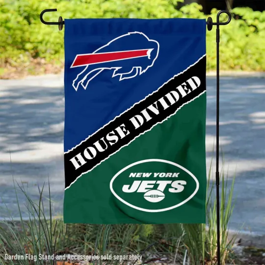 Discover House Divided Bills and Jets Garden Flag and Yard Banner
