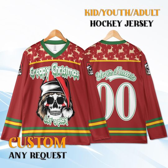 Discover Custom Christmas Monkey Hockey Jersey Youth Adult, Personalized Name Number, Funny Holiday Hockey Shirt