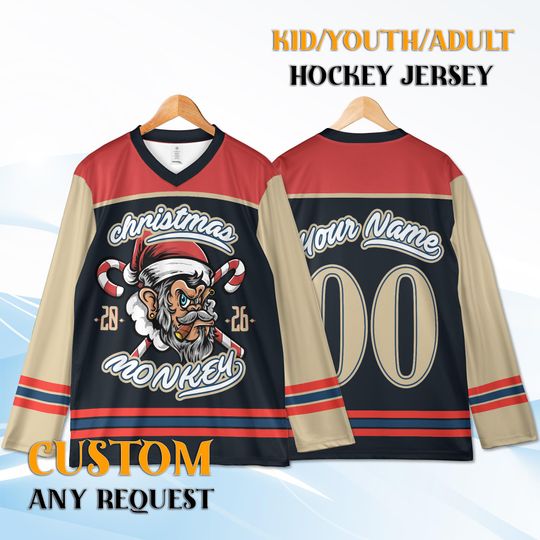Discover Personalized Christmas Monkey Hockey Jersey Youth Adult Only, Custom Name Number