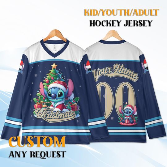 Discover Custom Christmas Hockey Jersey Youth Adult Only, Personalized Name Number, Stitch Holiday Hockey Shirt