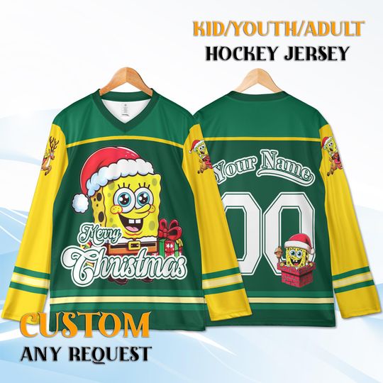 Discover Personalized Holiday Hockey Jersey for Youth & Adults, Custom Name Number, Christmas Cartoon Gift