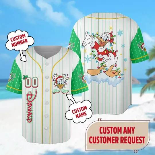 Discover Personalized Donald Duck Christmas Lights Holiday 3D BASEBALL JERSEY SHIRT