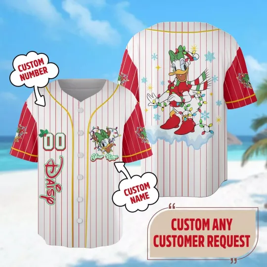 Discover Personalized Daisy Duck Christmas Lights Holiday Season 3D BASEBALL JERSEY SHIRT