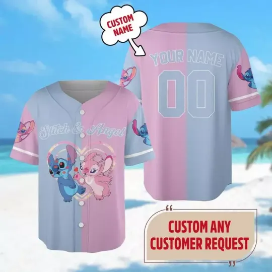 Discover Personalized Stitch And Angel Couple Love Christmas 3D BASEBALL JERSEY SHIRT