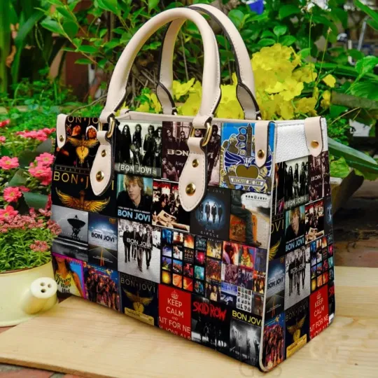 Discover Women Leather Top Handle Satchel Tote Handbag Music Collage Print Purse