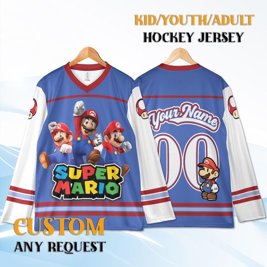 Discover Custom Super Mario Hockey Jersey Youth Adult, Personalized Name Number, Gaming Birthday Gift Hockey Shirt