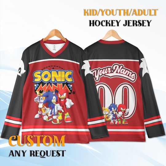 Custom Sonic Hockey Jersey Youth Adult, Personalized Name Number, Birthday Gift Cartoon Gaming Hockey Shirt