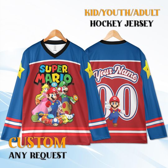 Custom Mario Hockey Jersey Youth Adult, Personalized Name Number, Birthday Gift Cartoon Hockey Shirt