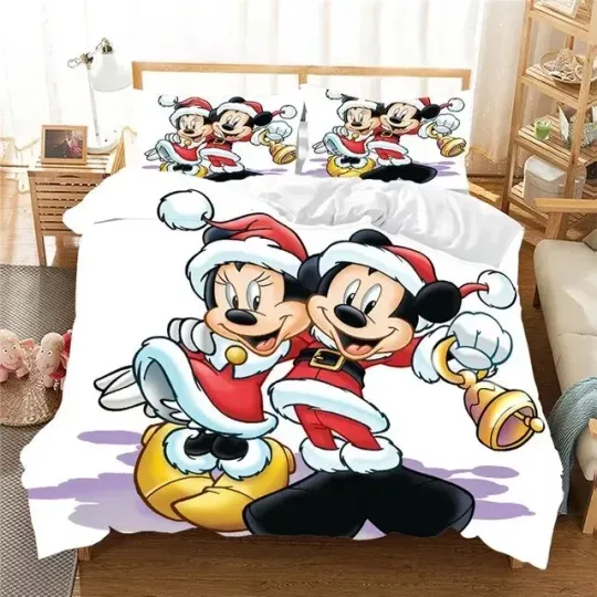 Santa Mickey And Minnie Mouse Ring The Bell Merry Christmas 3D Quilt Bedding Set