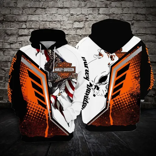 Discover Harrley Motor Racing Davidsonn Eagle & Skull  Hoodie – American Flag Motorcycle