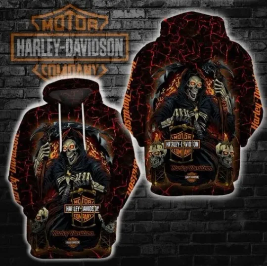 Discover Harrley  Motor Racing Davidsonn Grim Reaper Hoodie – Flaming Skull Biker Pullover