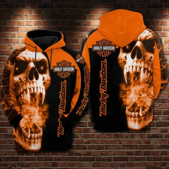 Discover Harrley Motor Racing Davidsonn Flaming Skull Hoodie – Men’s Orange & Black Biker