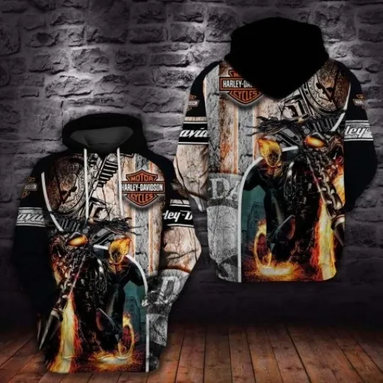 Discover Harrley Motor Racing Davidsonn Ghost Rider Hoodie – Flaming Motorcycle Pullover
