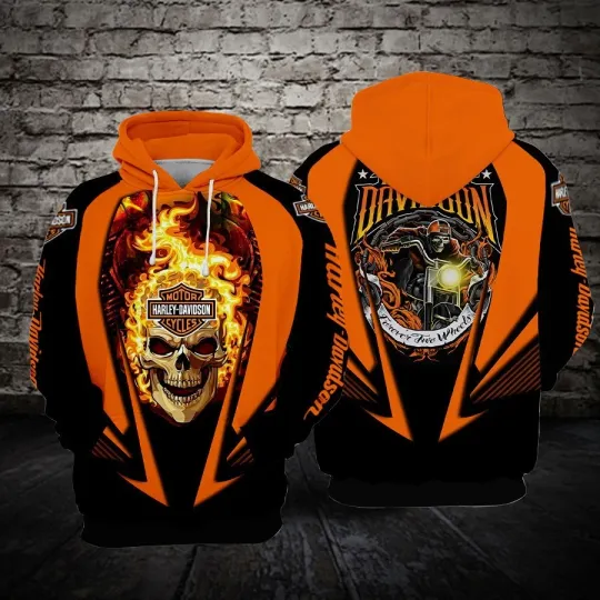 Discover Harrley Motor Racing Davidsonn Flaming Skull Hoodie – Orange Black Biker Hoodie