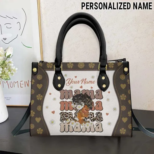 Discover Personalized Black Mom Mama Leather Handbag, Women Bag Mother's Day Gift For Mom