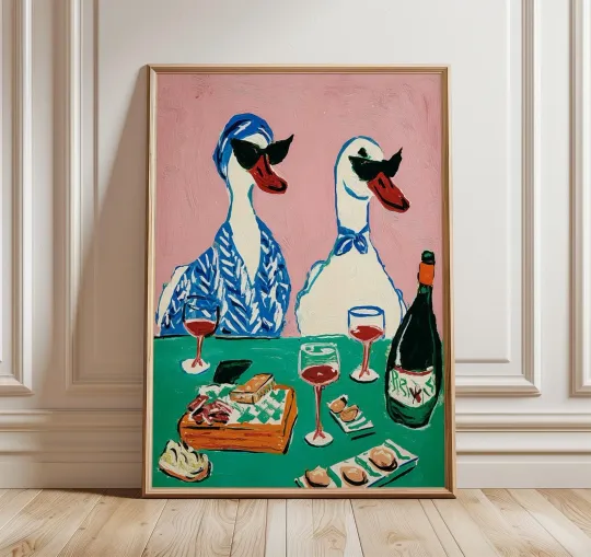 Discover Duck Wine Party Art Poster, Quirky Animal Wall Decor, Retro Kitchen Dining Room Poster