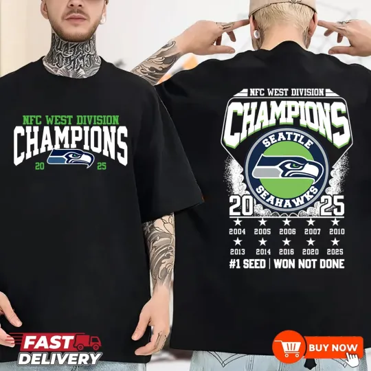 Discover Seattle Seahawks 2025 NFC West Division Champions 2Sided TShirt - Size S to 5XL