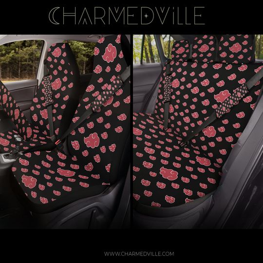 Discover Anime Car Seat Covers, Full set for vehicle/truck/suv, head rest/front/rear/back/dog/pet carseat slip, Black and Red, Car accessories gift