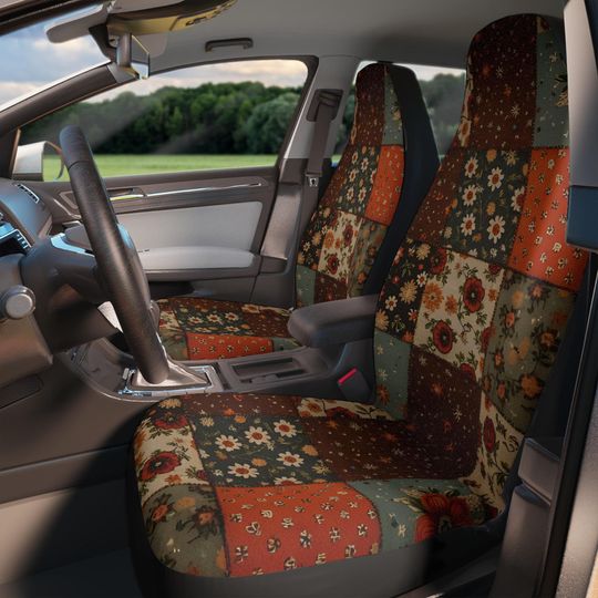 Discover Vintage Faux Patchwork Car Seat Covers, Quilted Design, Hippie Auto Accessory, Retro Floral Pattern, Christmas Gift Drivers, Boho Car Decor