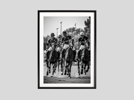 Black and White Polo Match Poster | Equestrian Horse Sports Wall Art | Minimalist Polo Photography for Home Decor