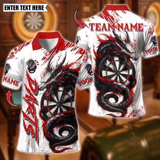 Discover Personalized Name Dart Polo Shirt, Dragon With Dart Design ,Custom Team Shirt for Men, Gift for Darts Players