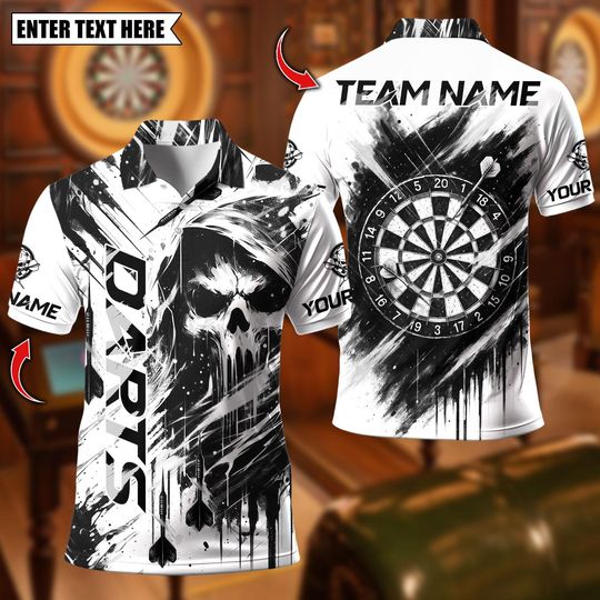 Discover Personalized Name Dart Polo Shirt, Reaper With Dartboard Design ,Custom Team Shirt for Men, Gift for Darts Players