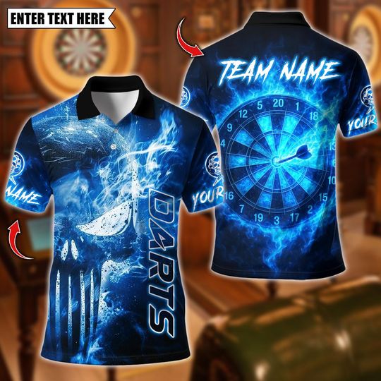 Discover Personalized Name Dart Polo Shirt, Flame Lightning Punisher With Dartboard Design ,Custom Team Shirt for Men, Gift for Darts Players