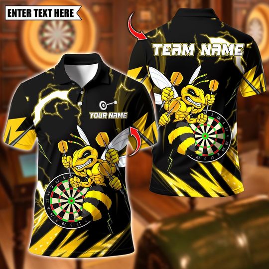 Discover Personalized Name Dart Polo Shirt, Yellow Hornet Power With Thunder Dartboard Design ,Custom Team Shirt for Men, Gift for Darts Players