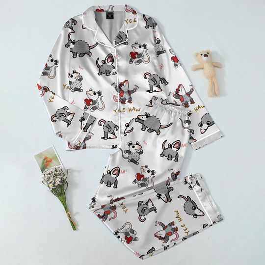 Funny Possum Pajama Set for Women, Animal Print Sleepwear, Short Sleeve Button-Up Loungewear