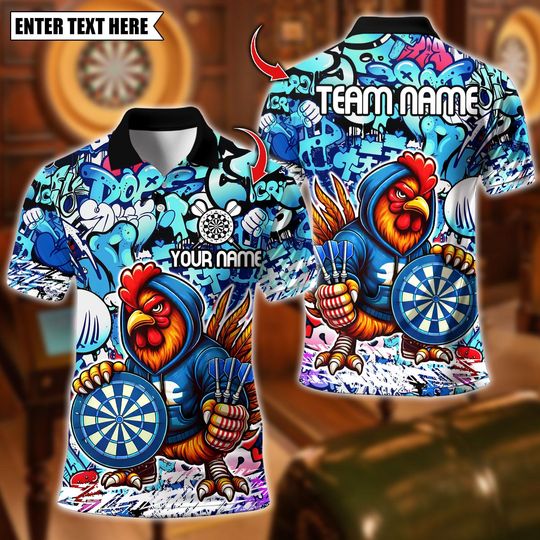 Discover Personalized Name Dart Polo Shirt, Cool Rooster Dartboard Design ,Custom Team Shirt for Men Women, Gift for Darts Players