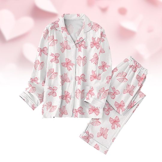 Discover Coquette Valentines Day Pajamas Set, Pink Coquette Bow Holiday Pajamas, Cute Pajamas For Party, Girly Sleepwear, Valentines Day Gifts