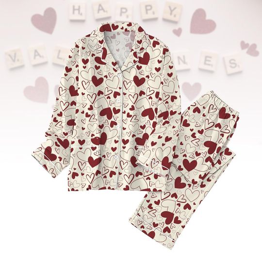 Discover Valentine Day Hearts Pajamas Set, Retro Valentine Women Pajamas, Matching Pajamas Set, Love Be Mine Pajamas For Party, Gift For Girls