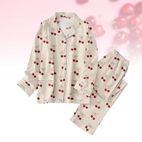 Cherry Bow Valentine Pajamas Set, Red Fruit Women Pajamas, Vintage Cherry Lover Pajamas For Holiday Gifts, Family Matching Sleepwear