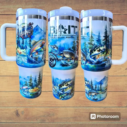 Discover 40 oz Stainless Steel Tumbler with Handle - Bass and Trout Fly Fishing Design