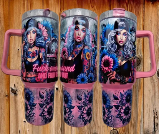 Discover 40oz Tumbler with Handle - F Around & Find Out - Tattoo Gangster Chick