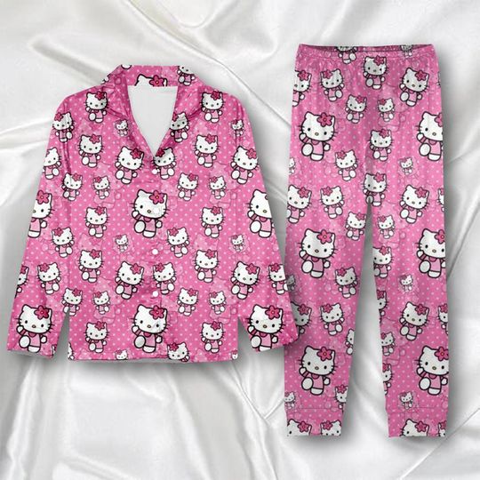 Hello Kitty Pajamas Set, Cute Kitty Pajamas For Women, Kitty And Friends Holiday Pajamas, Valentine Gift, Pink Kitty Pajamas For Party