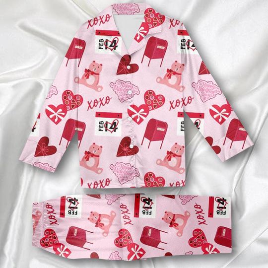 Discover Valentine Pajamas Set, Cute Love Pattern Sleepwear, Valentine Sleepwear, Long Sleeve Pajama, Holiday Gift For Her, Women Cozy Loungewear