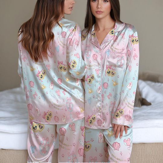 Discover Disney Coquette Bow Satin Pajamas Set, Magical Castle Women Pajamas, Minnie Mouse Pjs, Disneyland Matching Pajamas, Girly Disney Sleepwear