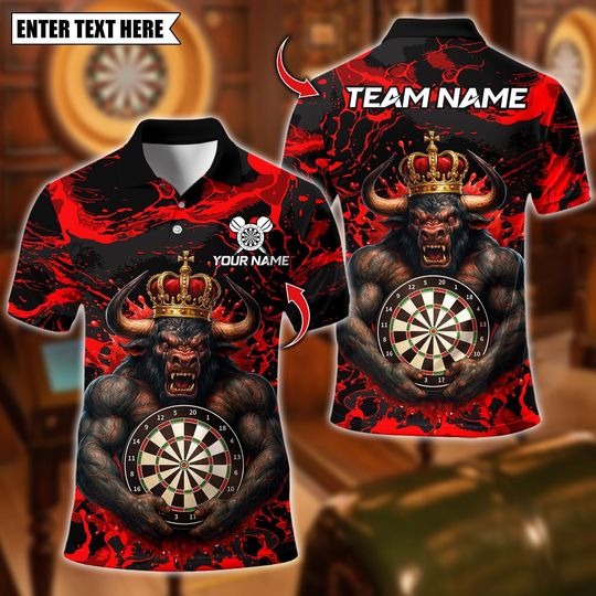 Discover Personalized Name Dart Polo Shirt, Fire Bull Darts Design ,Custom Team Shirt for Men, Gift for Darts Players
